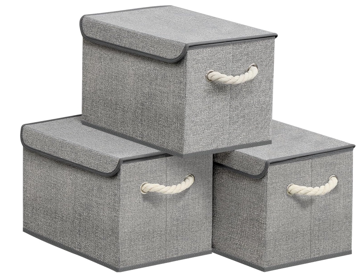 Aufbewahrungsbox mit Deckel, 3er Set, klappbar, Taubengrau
